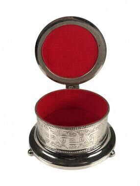 Vintage El Zaher Engraved Silver Plate Jewelry Box Red Velvet Oriental Geometric